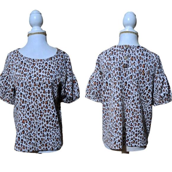 Anthropologie Current Air Animal Print Puff Short Sleeves Top Blouse Sz Small - Picture 1 of 10